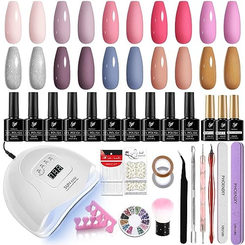 Gel Nail Polish Set, Phoenixy 10 Colors Gel Nail Polish Starter Kit with 80W UV LED Nail Lamp 10ml Nail Polishs Gel Nail Kit Gift Set for Women DIY Nail at Home