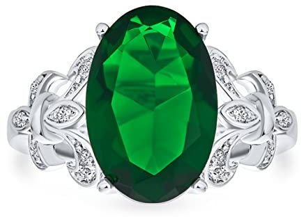 Personalisieren Sie Fleur De Lis Pave Accent AAA CZ Estate Vintage Style Großer Ovaler Solitär 7Ct Cubic Zirconia Simulated Emerald Green Cocktail Statement Ring Für Frauen Versilbert Anpassbar