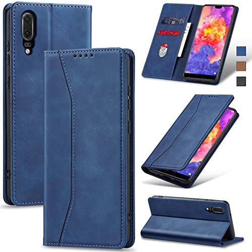 Jasonyu Handyhülle für Huawei P20 Hülle Leder Flip Klappbare Stoßfeste Magnetische Premium PU Leder Standfunktion Kartenfächern Schutzhülle Klapphülle für P20,Blau