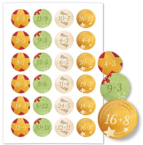 Adventskalender-Zahlen Aufkleber 1 bis 24 / Rechnen Mathe Aufgaben Mix Bunt/Etiketten/Sticker/Weihnachtskalender/Advent/Rund/DIY/zum Aufkleben