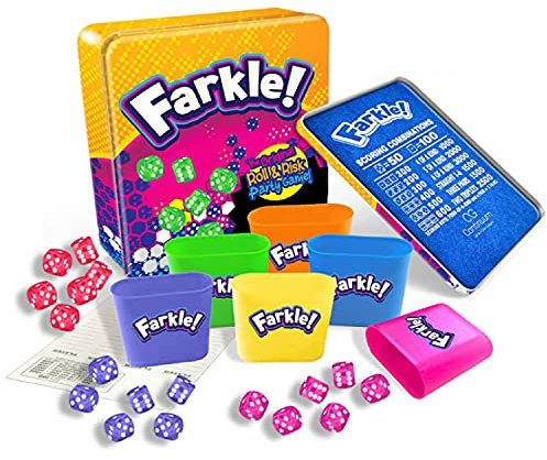 El juego de dados Farkle Deluxe incluye 36 dados coloridos, 6 vasos rodantes, bandeja rodante y hojas de puntuación. El clásico juego de dados Push-Your-Luck