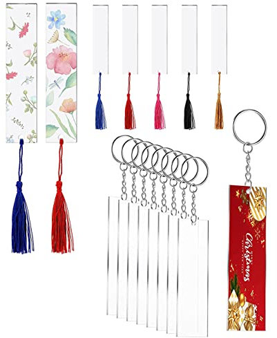 Set mit 32 leeren Lesezeichen 12 x 3,2 cm, rechteckige Acryl-Lesezeichen mit 20 bunten Quasten, DIY-Projektnotizbuch und 12 durchsichtigen Lesezeichen für Schlüsselring-Geschenkanhänger