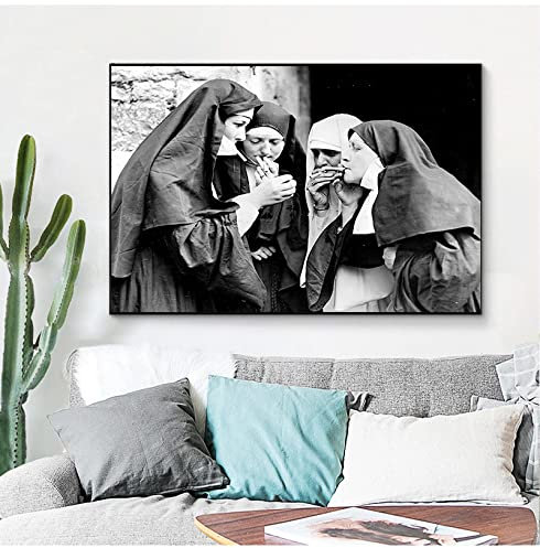 Rumlly Smoking Nuns Prints Vintage Photo Black and White Poster Cigarette Funny Wall Art Canvas Painting Picture for Home Decor 60x90cm Frameless