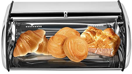 WUPYI2018 Brotkasten Edelstahl, Küche Brotbox mit Aufrollbaren Deckels und Belüftungslöcher, Rollbrotkasten Silber (Groß 43,5 x 27 x 18 cm)