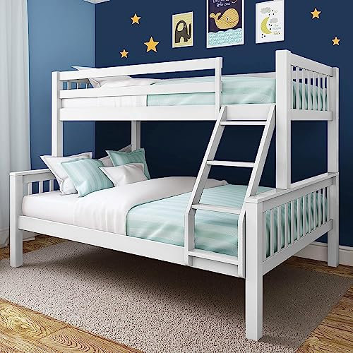 Bunk Beds for Kids, 4ft6 Double Bed Frame Pine Wood, 3ft Single Wooden Bunk Bed with Stairs, White Double Bunk Bed for Kids Children Bedroom, Triple Sleeper Bunk Beds, (White L199 Cm X W143 Cm X H144)