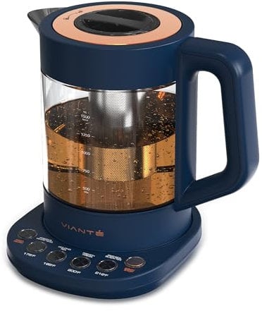 Vianté Hot Tea Maker Electric Glass Kettle with infuser and temperature control. Automatic Shut off Brewing Programs for your favorite teas Coffee 1.5 Liters capacity, Midnight Blue Color (KET-100MB)