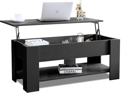 Blisswood Coffee Table With Storage, Wooden Lift Top Coffee Table For Living Room, With 1 Shelf Large Hidden Storage Lift-Top Sofa End Tea Tables, Black 100L x 50W x 42-57 H cm
