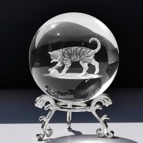 Yoolly 60mm Crystal Decorative Ball, 3D Laser Etched Crystal Rabbit Figurine, Art Glass Sphere Engraving with Stand for Home Decoration Birthday Gifts (Cat)