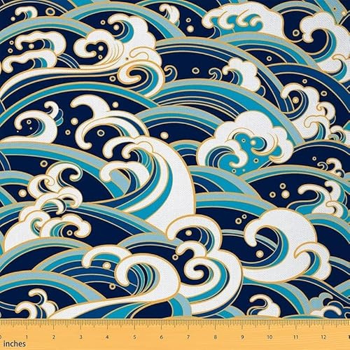 Vagues de la Mer Tissus au Metre, Hokkaido Japon vague Tissu 184x150cm chaise, style oriental traditionnel marine marine imprimé imperméable Tissu Extérieur, or bleu