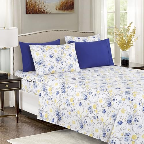 Elegant Comfort Softest and Coziest 6-Piece Sheet Set - 1500 Premium Hotel Quality Microfiber - Deep Pocket, Wrinkle Resistant 6-Piece Floral Bed Sheet Set, King, Jenna Gold