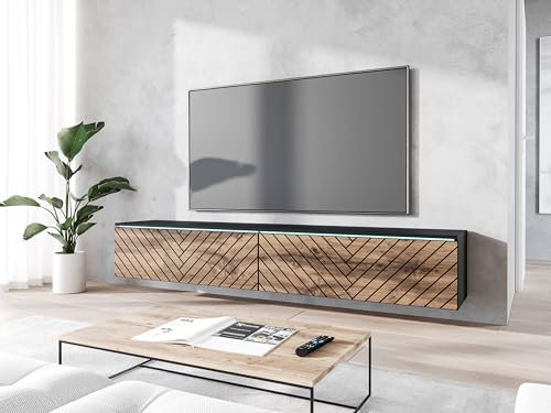MINIO go for it TV Schrank 180 cm Breit Donna, TV Board Hängend oder Stehend, Fernsehtisch, Modern Lowboard mit LED, Farbe: Graphit Schwarz/Wotan Eiche mit Herringbone Muster - LED Beleuchtung