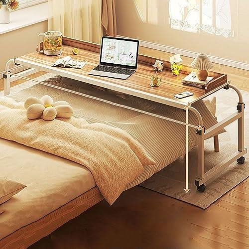 SZITW Table de lit avec roulettes Extensible de 140 à 210 cm, Mobile, Chariot pour Ordinateur Portable, Peut être surélevé de 65 à 95 cm, Table d'ordinateur roulante au-Dessus du lit, Table de soi