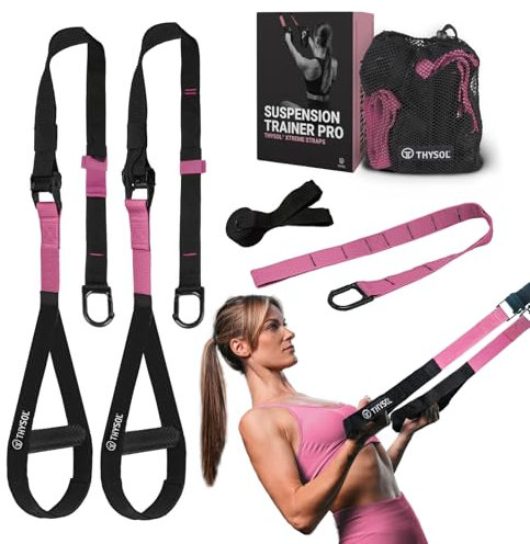 THYSOL® Resistance Trainer Pro Xtreme Straps | Schlingentrainer Set mit verstellbarem Türanker | Fitness Home Workouts - Geeignet für Reisen & für Training Indoor & Outdoor (Hellrosa)