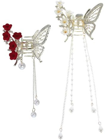 VOCOSTE 2Pcs Pinza para Cabello, Pinza Clásica de Flores Y Mariposas con Borlas, Tono Dorado