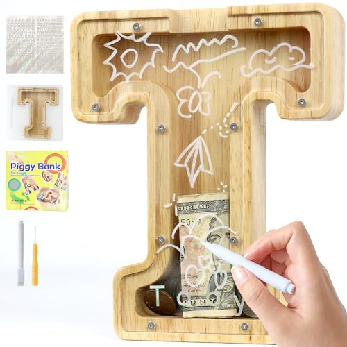Lakpopya Spardose für Kinder Jungen Mädchen Sparschwein Kinder Spardose Personalisiert Durchsichtig Spardose Buchstabe Holz A-Z mit Zielbereich & Aufkleber & Marker, Taufe Geschenk Dekoration (T)
