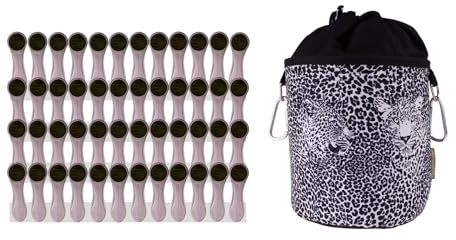 48 Wäscheklammern mit Spiralfedern Softgrip Silber Anthrazit und 1 bellaCott Wäscheklammerbeutel Leopard Schwarz