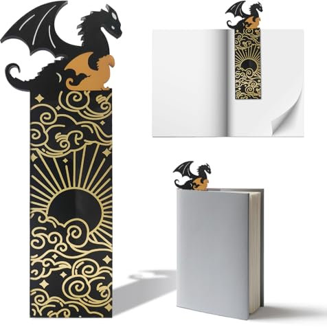 LETTERASHQP Lesezeichen Drachen Schwarz Gold Acryl Lesezeichen Personalisiert Cool Drachen Bookmark Doppelseitiges Lesezeichen Sonne Wolken Lesezeichen Buchmarker Bücherregal Dekoration Buchliebhaber