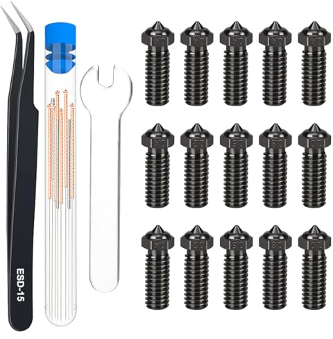 HIKUDIY 15PCS Düsen aus gehärtetem Stahl für R QIDI X-Max 3/Q1 Pro/X-Plus 3/ X-Smart 3 3D Drucker, 7PCS 0.4mm 2PCS 0.2/0.4/0.6/0.8/1.0mm, Düsenreinigungsnadeln, gebogene Pinzette, Schraubenschlüssel
