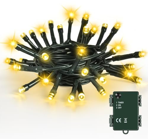 Bowfar Lichterkette Außen Batterie, 2M 20LED Warmweiß Weihnachtsbeleuchtung mit Timer, IP65 Wasserdicht Lichterkette Weihnachtsbaum für Innen Garten Hochzeit Party Weihnachten (Grünes Kabel)