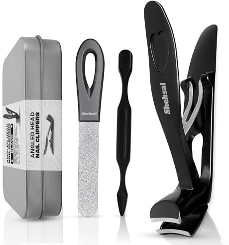 Angled Head Nail Clippers Set for Men & Seniors, Toe Nail Clippers for Thick Nails, Nail Cutter, Toenail Nail Clippers with Catcher, Arthritis Fingernail Clipper, File & Nail Cleaner Set