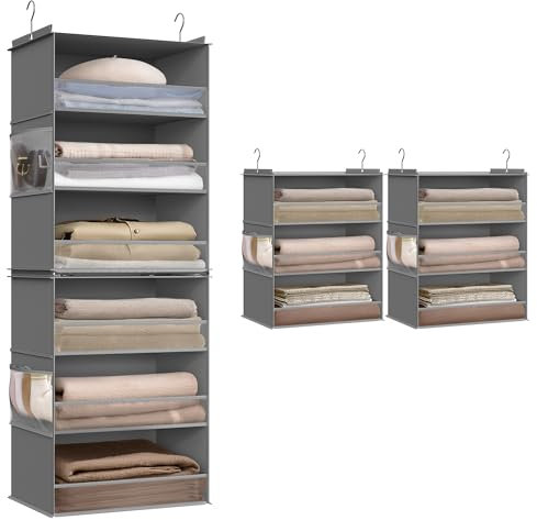 SONGMICS Hanging Wardrobe Organiser, 6-Tier Fabric Storage Shelf, Separable Closet Hanging Shelf with Side Pockets, Foldable, Metal Hooks and Bamboo Inserts, Dove Grey RCH007G01