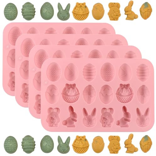 JSTHHTT 4 Stück Ostern Silikon Schokoladenformen, Ostern Kaninchen Silikonform, Kaninchen Form Silikon Backform, Osterhase Silikonform Ostereier Backform, für Machen Schokolade, Kuchen