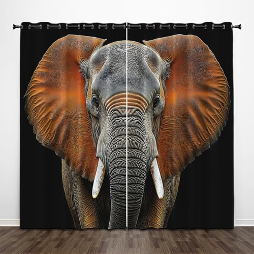 CEDNXOER Schwarz 3D Vorhänge Blickdicht Ösen 2er Set H 225 x B 140 cm,Afrika Tiere Gardinen Wohnzimmer Ösenvorhang, Elefant Druck Thermovorhang Kälteschutz Schallschutz Vorhänge Fensterdekoration