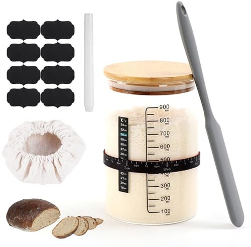 WOLAFOO Sauerteig Starter Set 2er Pack | 2x 1000ml Fermentierglas mit Spatel & Thermometer | Brotbackzubehör, Sauerteigglas, Professionelles Fermentationsset aus hitzebeständigem Glas