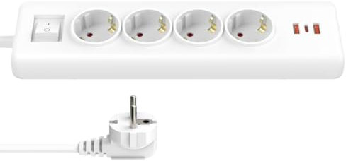 RAVPHICS - Regleta de 4 enchufes con USB C(PD 20 W), regleta de escritorio 7 en 1, regleta múltiple con interruptor, regleta con protección contra sobretensiones con cable de 1,8 m para cocina