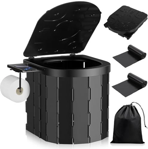 TEBOKHAD Toilette Portable Camping, Toilette Camping Pour Hommes Et Femmes, Avec Couverture & 2 Rouleaux De Sacs Poubelles, Toilettes Pliable Avec Support & Sac De Rangement Pour Sorties, Pique-Niques