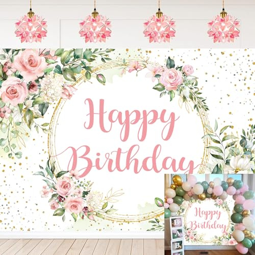 Toile de fond rose « Happy Birthday » - 2,4 x 1,8 m - Feuilles d'eucalyptus verdure - Bannière pour photographie de printemps - Pour fête prénatale - Fournitures de décoration d'anniversaire (243 x