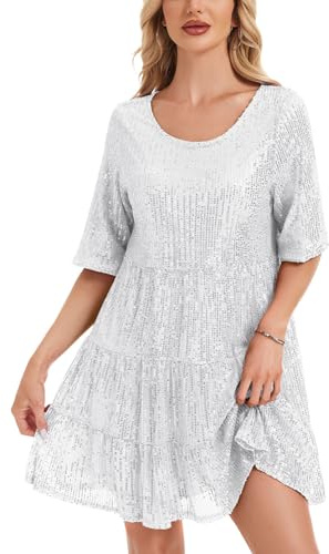Kurzarm Glitzer Sommerkleid Damen Pailletten Midi Kleider Swing | Kyzoeyou Leicht Kleid Casual Tunika Plissee Swing Freizeitkleid