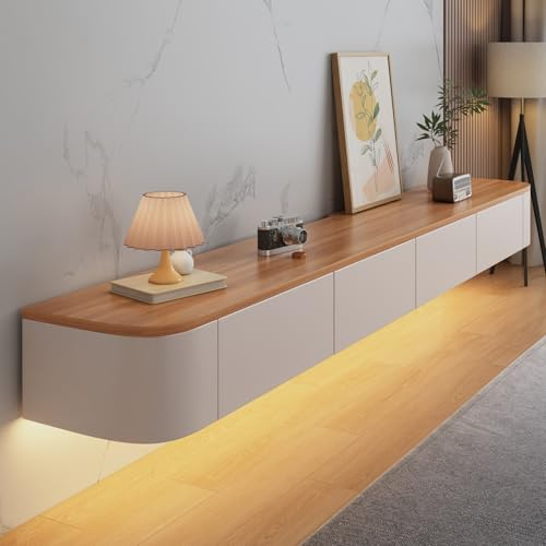 Coubird TV Schrank hängend Wandmontiert Weiß Braun Holz Großer Schwebende TV Regale mit LED-Beleuchtung & Türen & Schublade Moderne Entertainment TV Konsole Aufbewahrung TV Unterbau (220cm/86in)