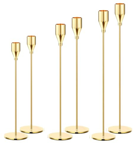 Kerzenständer 6 Stück für Stabkerzen, Kaminsims Helles Gold Kerzenhalter Set für 3/4 Stab- und LED-Kerzen, Zartes stilvolle Kerzendeko für Hochzeit/Party/Abendessen/Jubiläum