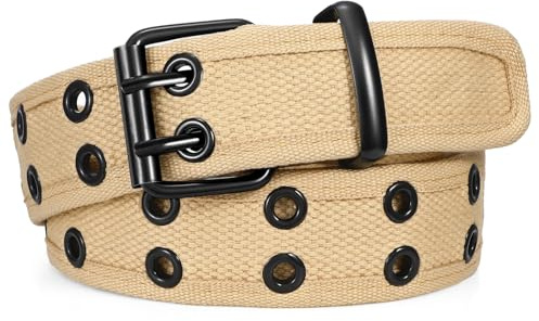 JASGOOD Ceinture Homme Tissu en Toile Double Oeillet Réglable Ceinture Punk Unisexe Style Double Boucle pour Jeans Pantalon,Kaki(boucle noir),Taille moins de 102cm(Longueur 120 cm)
