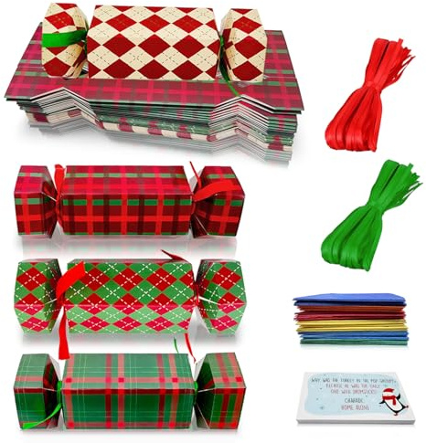 32 Stück Christmas Crackers Bulk,Diy Weihnachtscracker Set mit Hut Witze Luxus Knallbonbons für Weihnachten No Snap,Rot Grün Box Neuartige Geschenke für Kinder Erwachsene Weihnacht Partyspielset