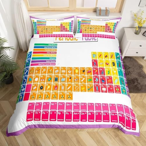 Periodensystem Bettwäsche 135x200 Wissenschaft Bettwäsche Set, 3D Bettbezug Set Weich Microfaser Bettbezüge 2 Teilig Bunt Wendebettwäsche für Einzelbett, mit 1 Kissenbezug b997