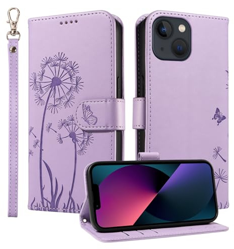 Trugox Wallet Case for Apple iPhone 13 Phone Case Leather Dandelion with Credit Card Holder Purse Kickstand Folio Book Folding Flip Case Cover Women Shockproof - Lilac