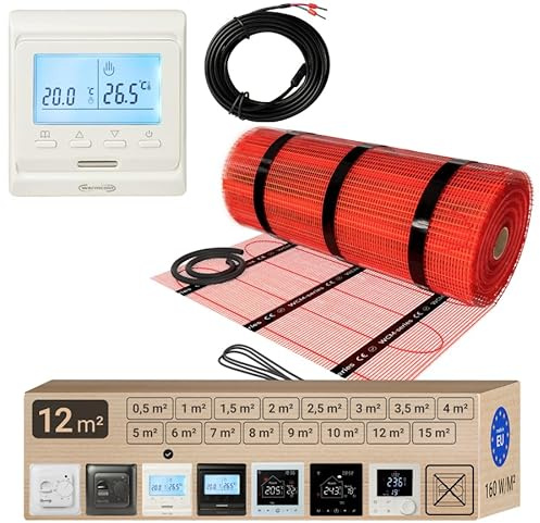 Warmcoin Elektrische Fußbodenheizung 160 W/m² 3,8 mm Dick - Verschiedene Größen 0.5m² - 15m² - Selbstklebende Heizmatte für Laminat, Vinyl, Fliesen, Parkett, Set mit Programmierbarer Thermostat, 12m²
