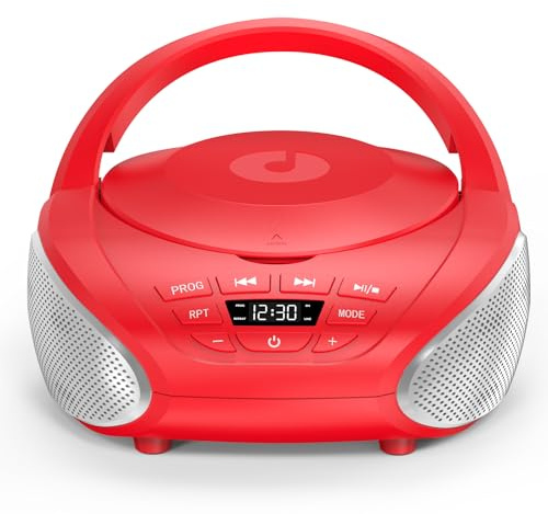Gueray Lecteur CD Portable Boombox Radio CD Compact avec Haut-Parleurs Stéréo Radio FM Entrée AUX 3,5 mm Jack Casque et Écran LCD pour Intérieur Extérieur Voyage & Livres Audio (Rouge)