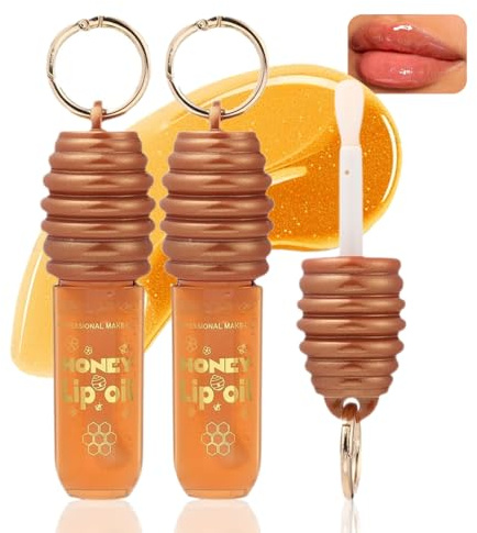 2PCS Honey Lip Oil, Honey Lip Gloss Keychain, Clear Hydrating Bee Lip Balm Gloss, Natural Lip Oil with Hon/ey Vitamin E, Portable Lightweight Non Sticky Cute Lip Gloss For Women Girls