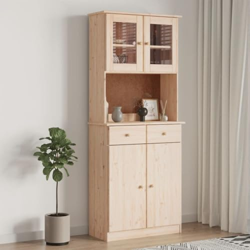 WRJENFSC Highboard ALTA 77 x 35 x 188 cm, madera maciza de pino sin tratar con puertas de cristal, aparador, salón, cómoda, estilo rústico, espacio de almacenamiento para salón, dormitorio, pasillo