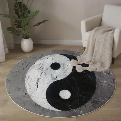Teppich Rund 60cm - Waschbare Östlicher Philosophischer Stil Teppiche, Tai-Chi-Symbol Yin-Yang-Symbol bedruckter Runder Teppiche, rutschfest Schwarzweiß Teppich für Kinderzimmer Küche Flur Eingang