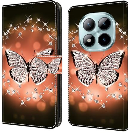 CLM-Tech Handyhülle kompatibel mit Xiaomi Redmi Note 15 Pro 5G 6,83 Zoll Hülle - Tasche aus PU Leder - Klapphülle mit Ständer und Kartenfächern - Schutzhülle Schmetterling Diamanten Muster