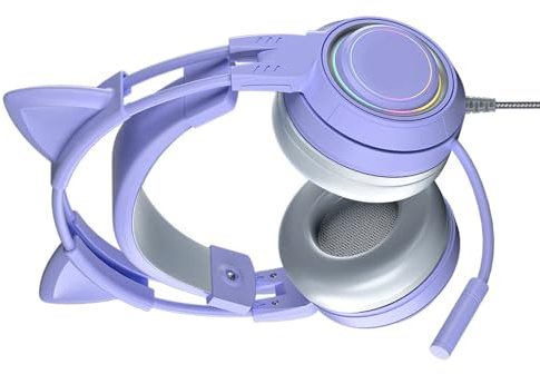 Pongnas Stylish Cat Ear Headphones with Noise Reduction Mic for Girls - Comfortable Wired Gaming Headset in (Purple)