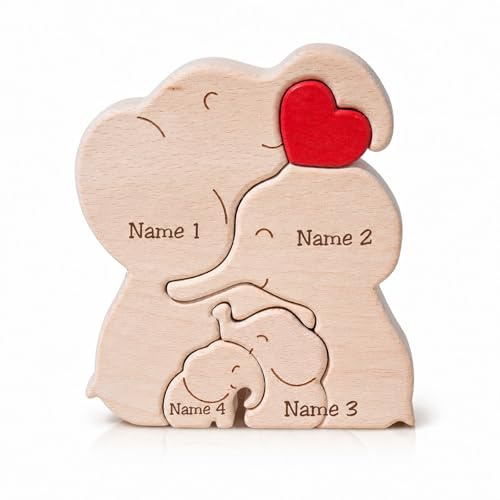 Puzzle Elefant Figur mit Rotem Herz, Holzfigur 4 Köpfige Familie 2D Elefant Holzdeko, Elefanten Deko Figuren für Zuhause, Büro, Wohnzimme, 14x12x2cm