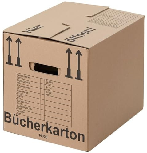 BB-Verpackungen 25x Bücherkartons Aktenkarton COMPACT 410 x 328 x 348 mm (25 Stück) 2-wellig | doppelter Boden, recycelte Pappe und dreifach Griffverstärkung