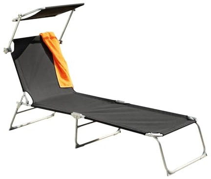 Greemotion – Tumbona con Parasol ´´Texel´´ (188/61/28 cm), Tumbona Hamaca Cama para jardín, Playa, Piscina, Picnic, Camping, Tumbona Ajustable (4 Posiciones) con Techo Regulable en ángulo - Negro
