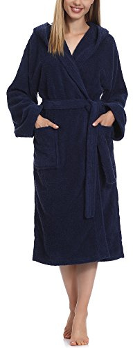 Ladeheid Damen Frottee Bademantel mit Kapuze Morgenmantel warm aus 100% Baumwolle LA40-102 (Dunkelblau (D12) (Gramatur 450), M)
