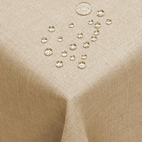DecoHomeTextil Leinen Optik Farbe Größe wählbar - Eckig 110 x 180 BZW.180x110 BZW. 110x180 cm Beige Sand mit Lotus Effekt Tischdecke mit Fleckschutz Beige Sand TD Eckig